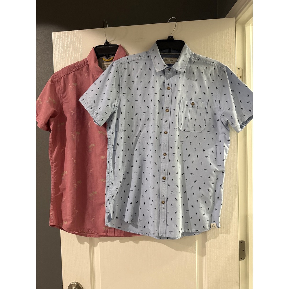 Free Planet Mens Short Sleeve Button Down‎ Shirt Lot 2 Tropical Flamingo Medium